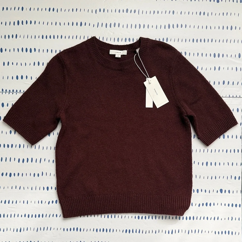 Vince Burgundy Short Sleeve Wool Blend Sweater - Picture 2 of 4